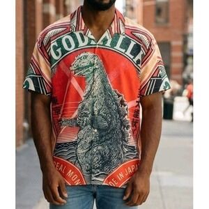 Godzilla Graphic Print Short Sleeve Button Down Shirt Kaiju Streetwear Size 3XL